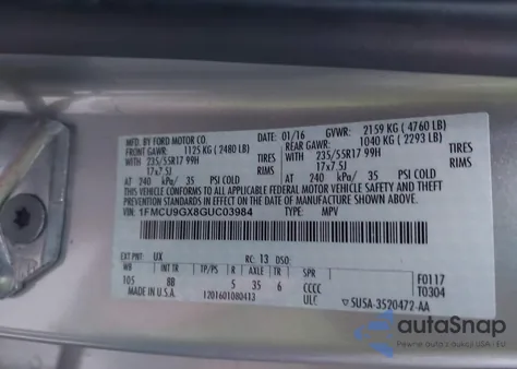 2016 Ford Escape Se from USA, damaged, VIN 1FMCU9GX8GUC03984